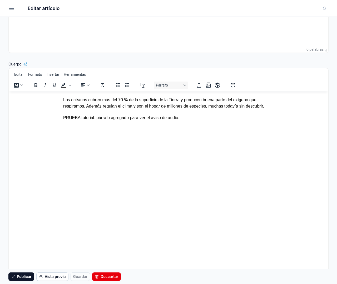 Editor del cuerpo con los menús Editar, Formato, Insertar y Herramientas y la barra de botones