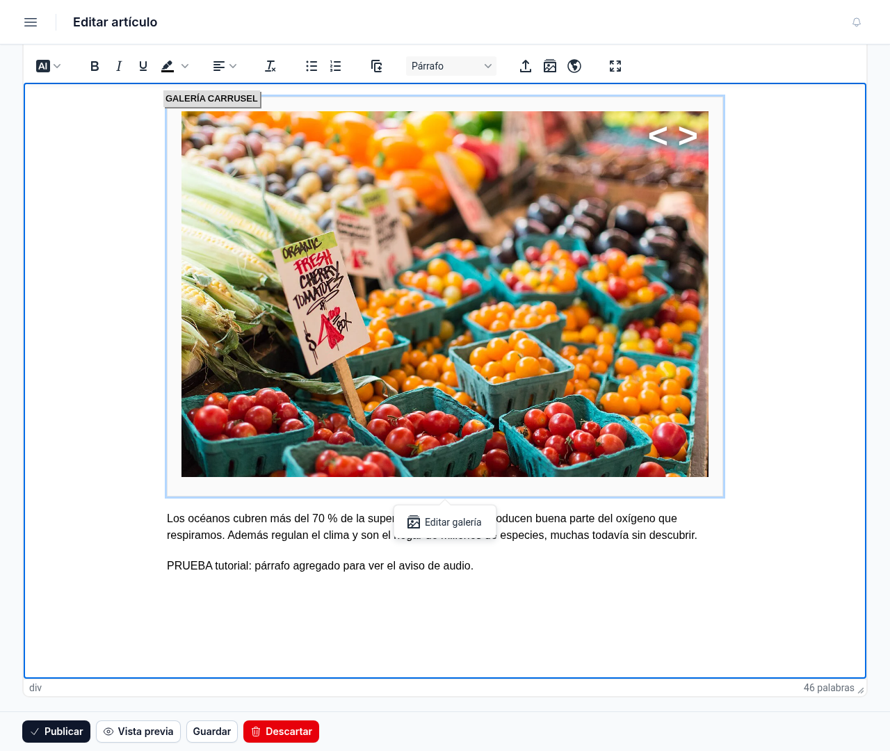 Galería tipo carrusel dentro del cuerpo de la nota con el botón Editar galería