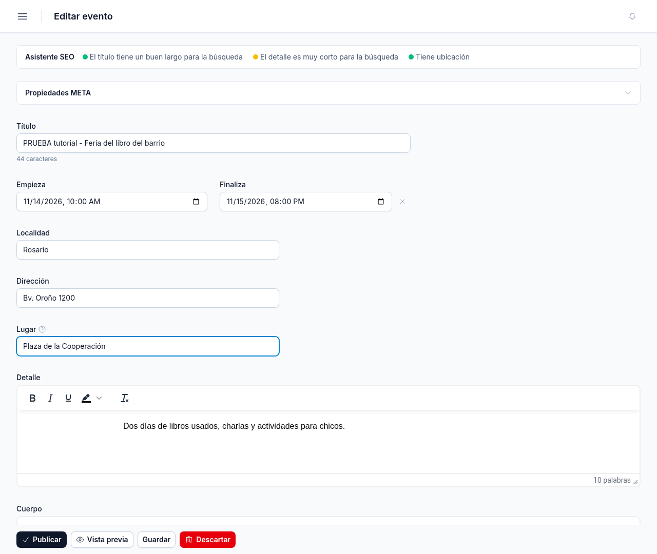 Editor de evento con Título, Empieza, Finaliza, Localidad, Dirección, Lugar y Detalle