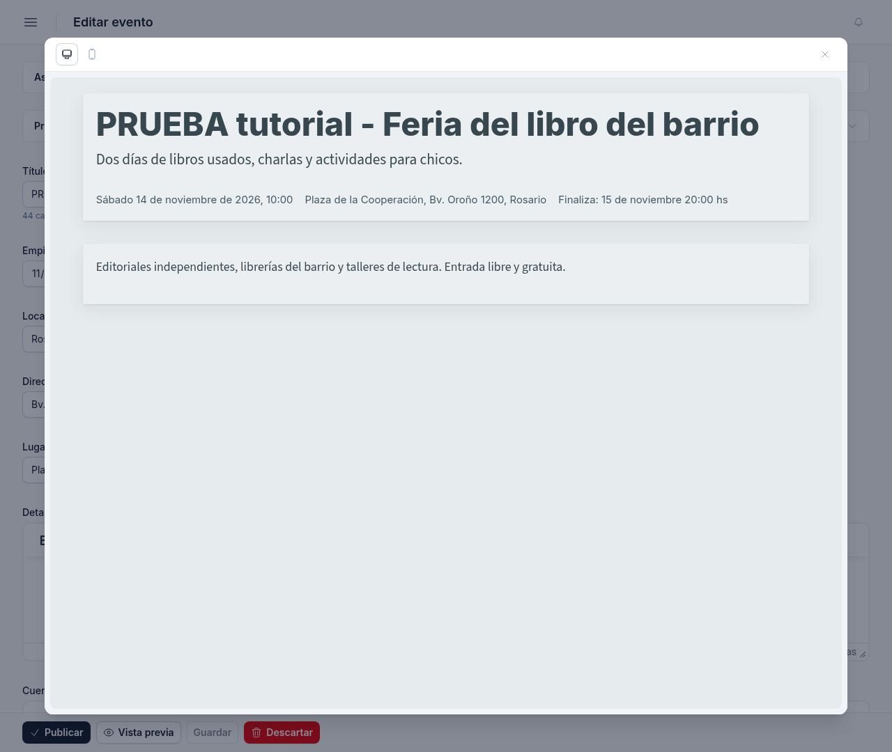 Vista previa del evento con el título, el detalle, la fecha de inicio, el lugar con dirección y localidad, y la fecha de fin
