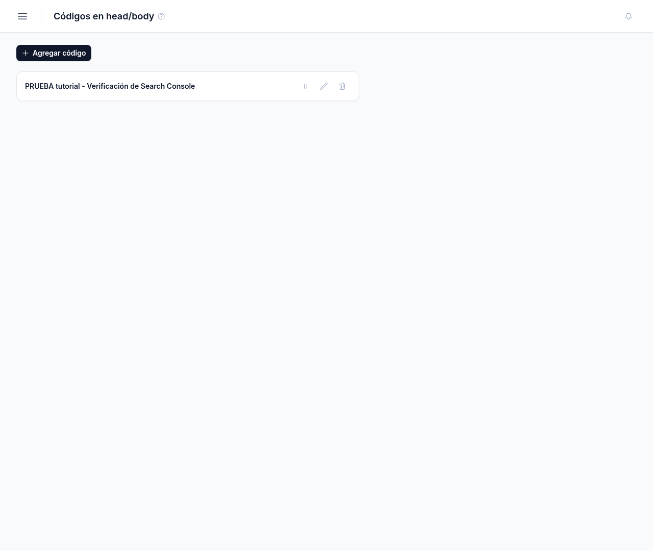 Lista de códigos con un código y los botones Desactivar, Editar y Eliminar