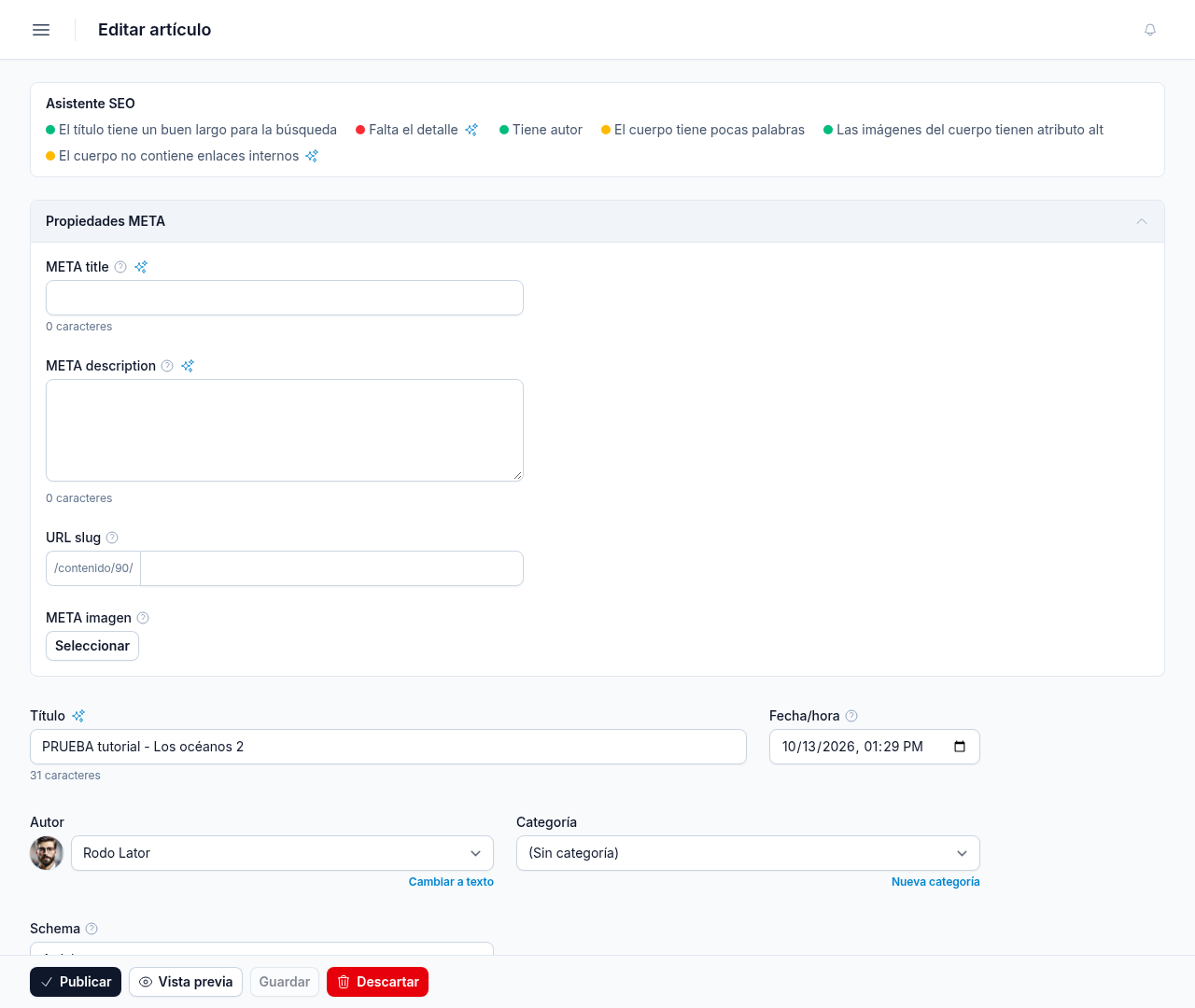 Asistente SEO arriba del editor de artículos