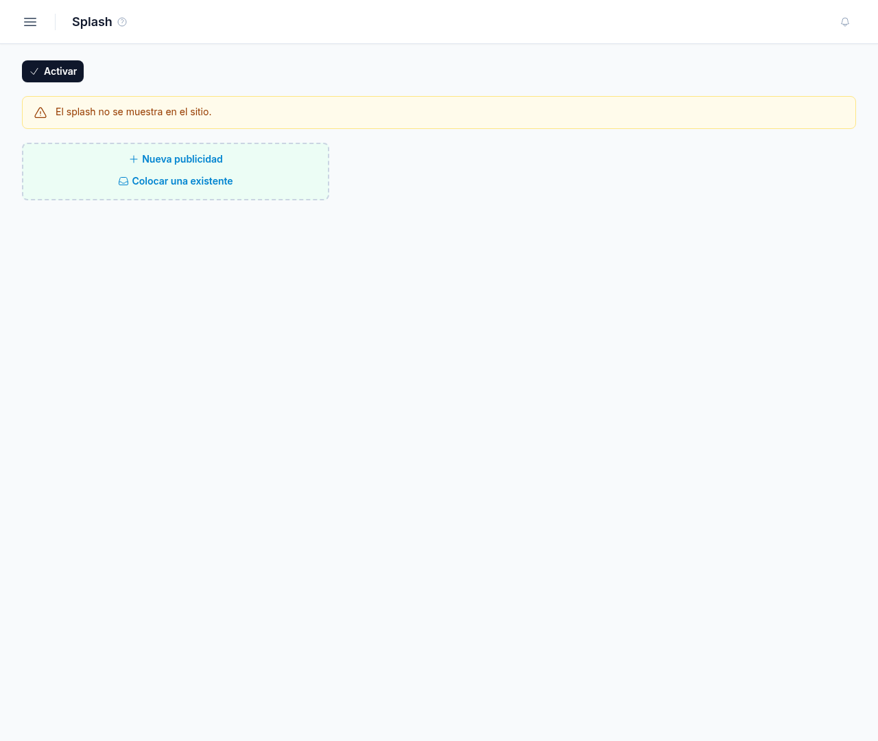 Pantalla Splash con Desactivar, Configurar y Nueva publicidad