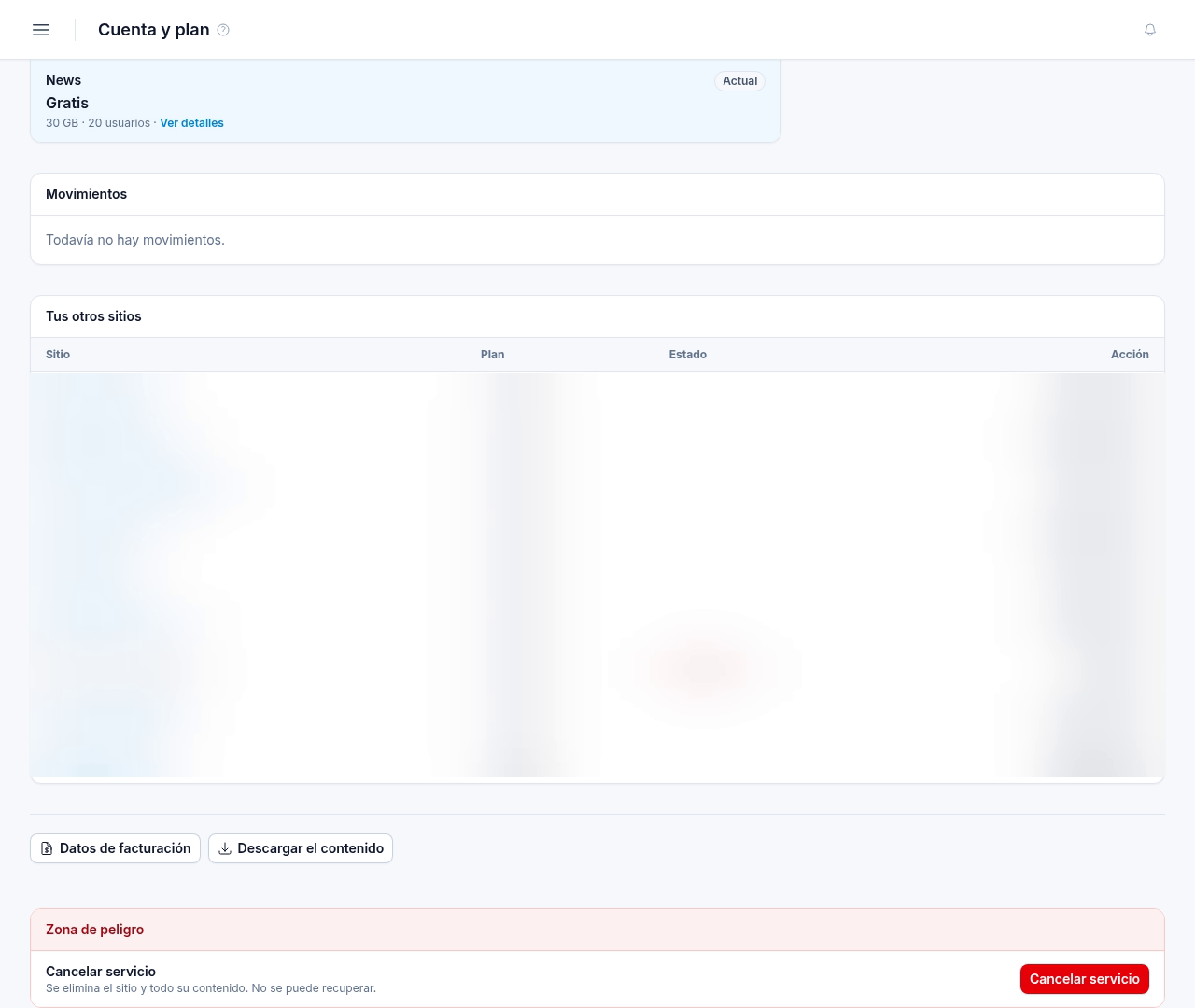 Datos de facturación, Descargar el contenido y Zona de peligro