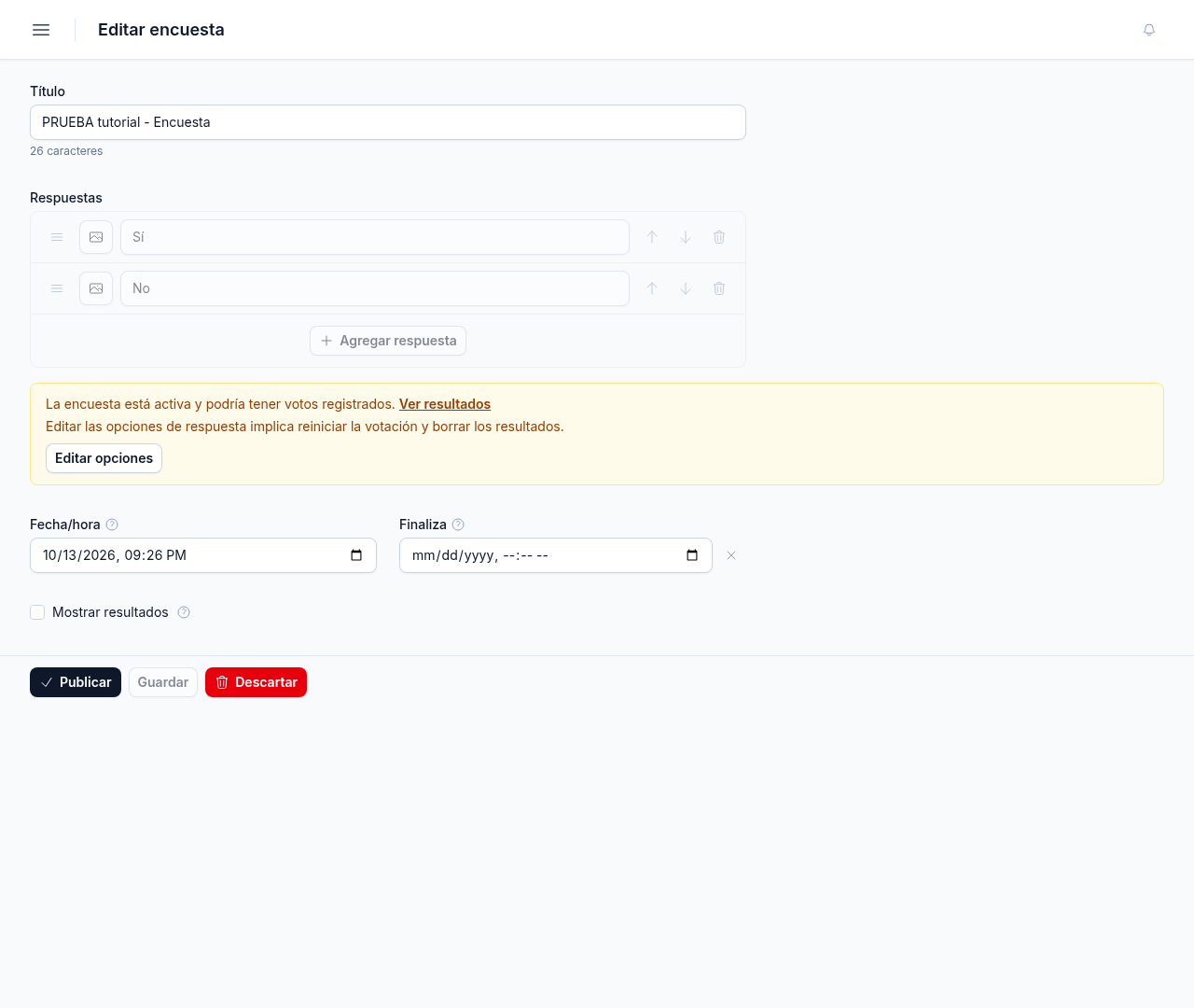Editar encuesta con el aviso de Editar opciones