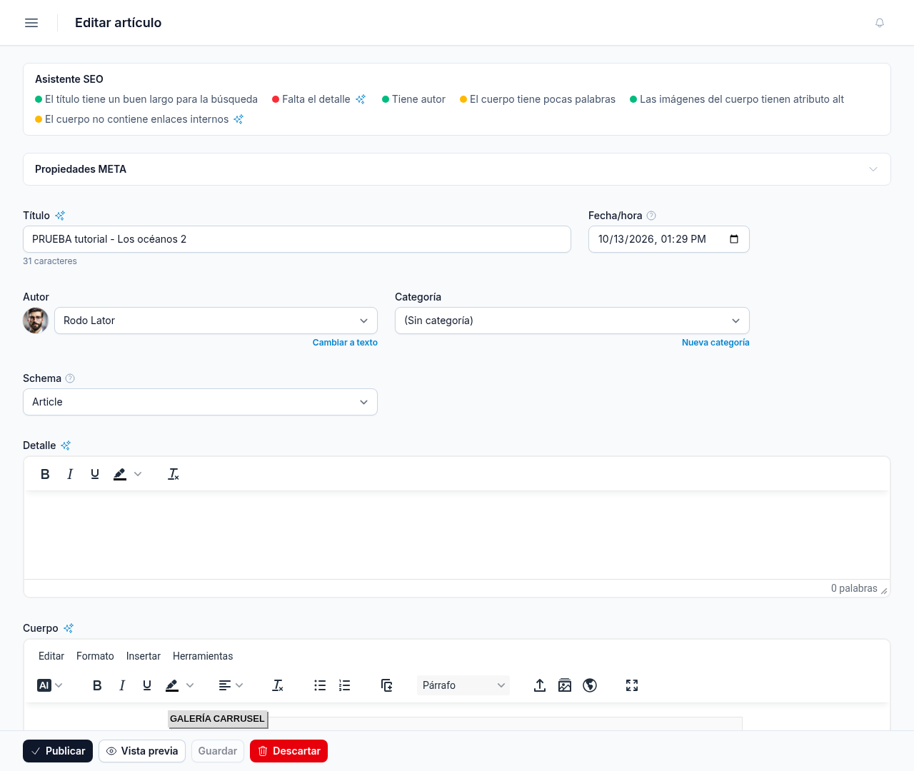 Barra del editor con Subir archivo, Centro multimedia y Capturar enlace