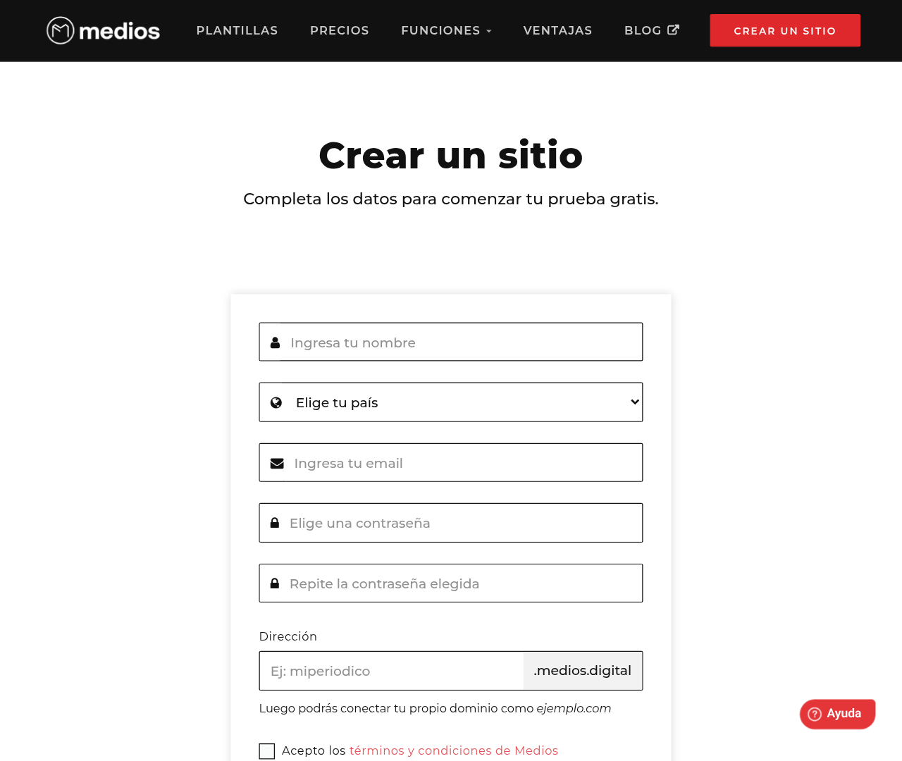 Formulario Crear un sitio en medios.io