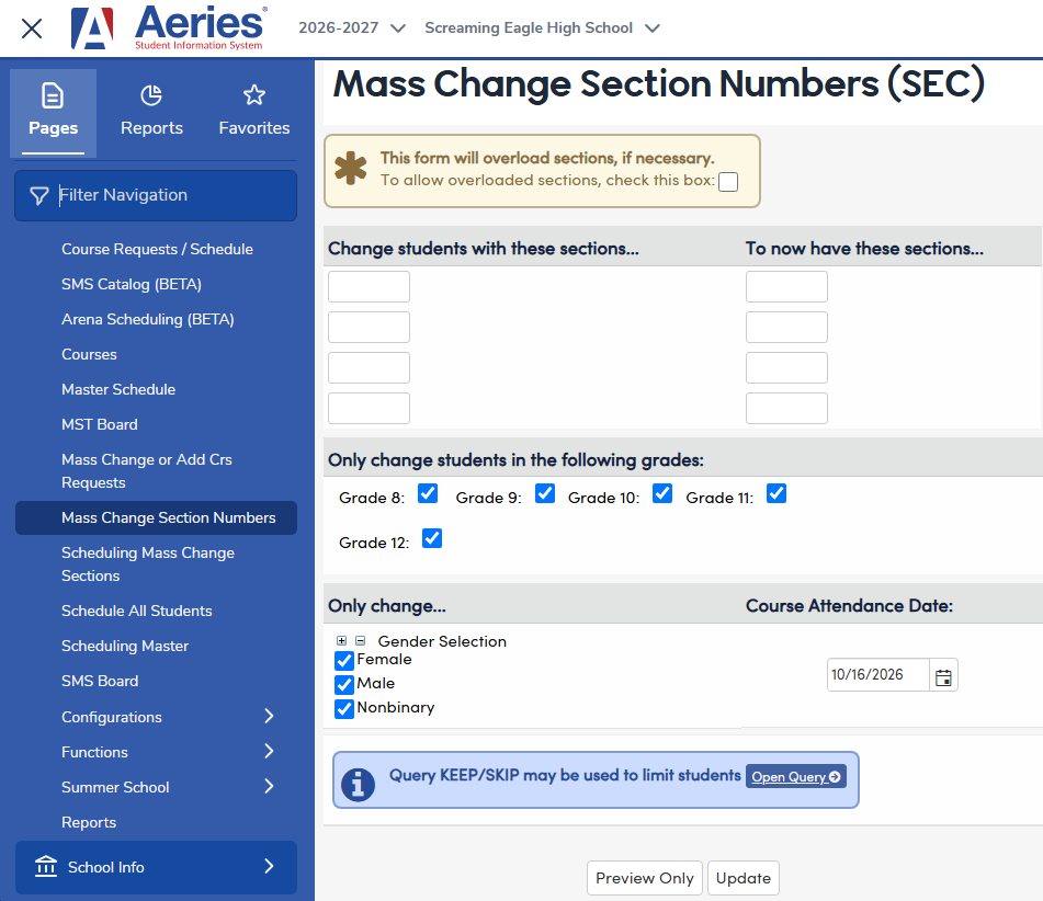 Mass Change Section Numbers (SEC) page