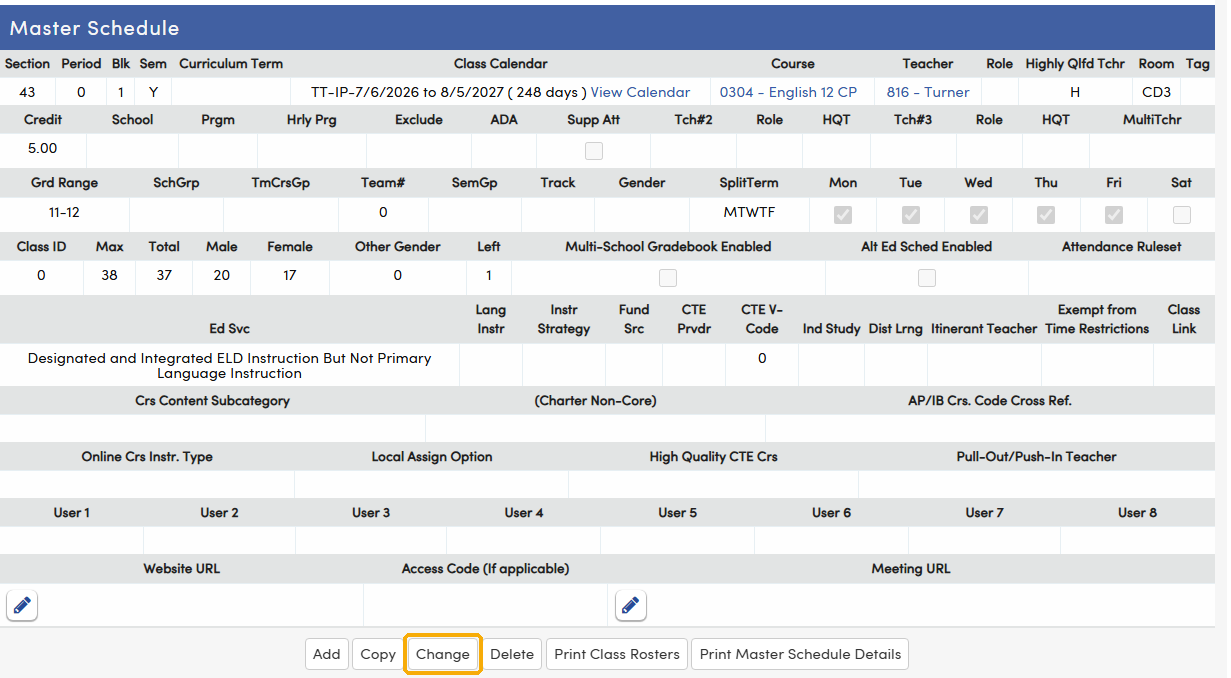 Master Schedule page with the Change button