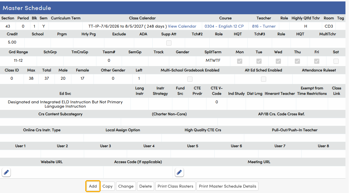 Master Schedule page with the Add button