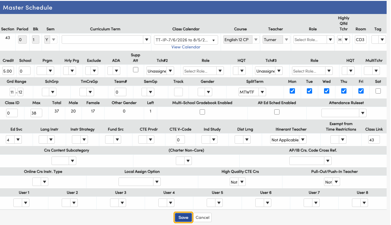 Section open for changes with the Save button