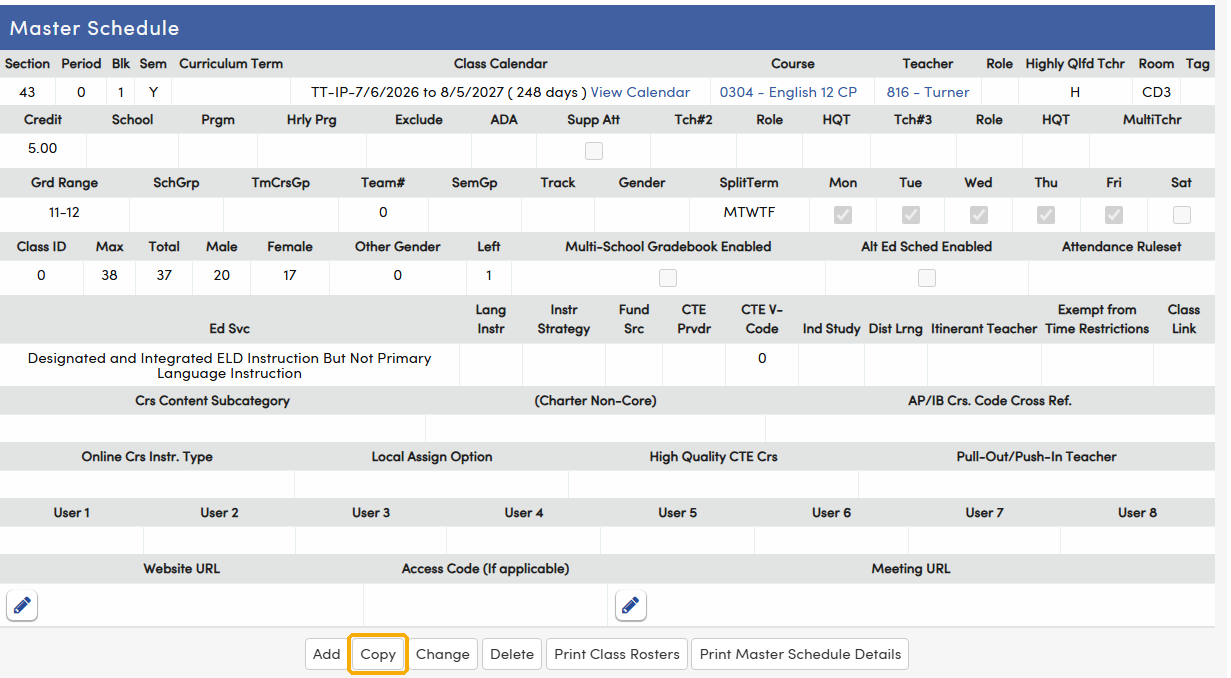 Master Schedule page with the Copy button