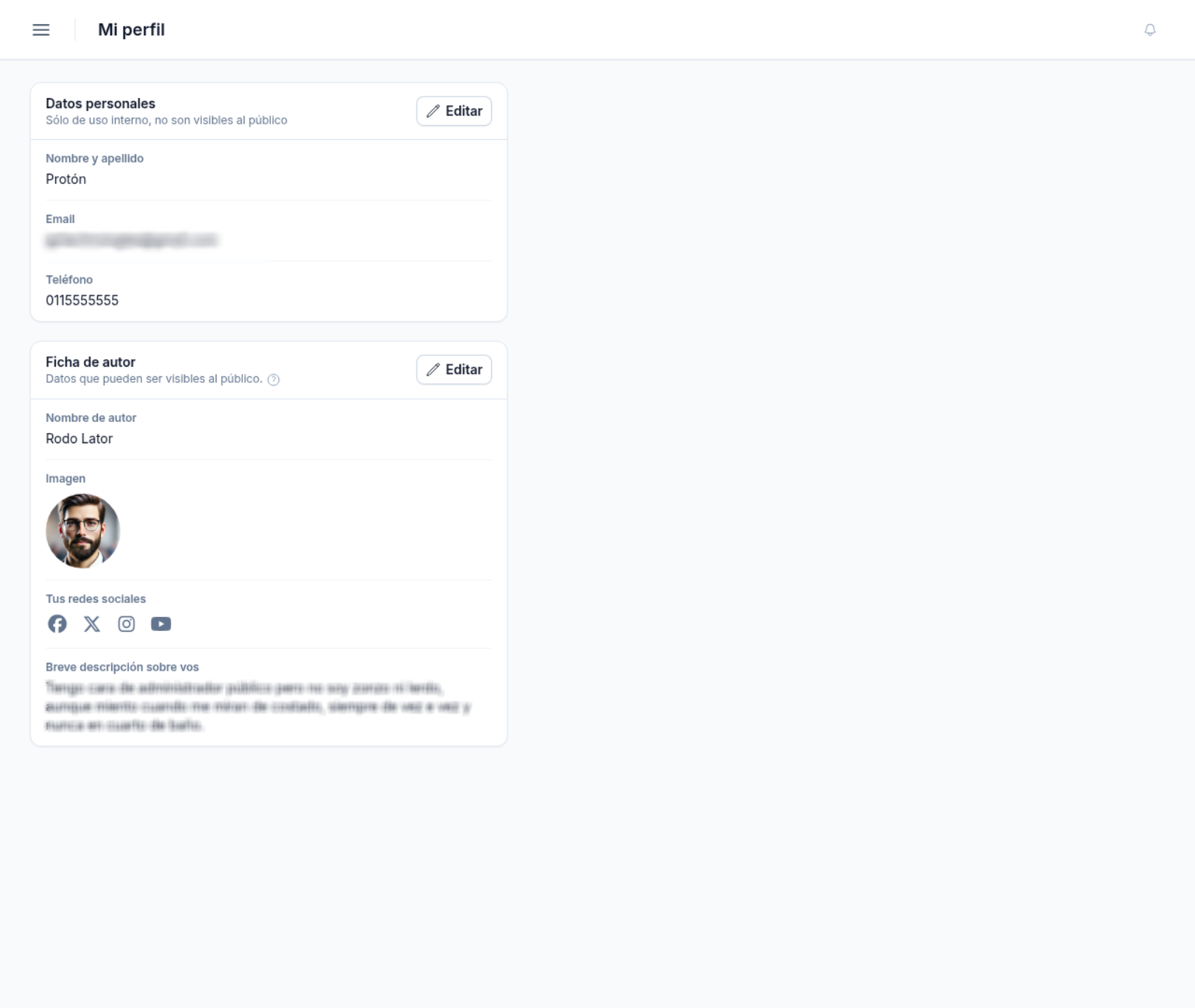 Página Mi perfil con las tarjetas Datos personales y Ficha de autor, cada una con su botón Editar