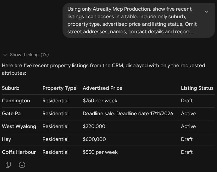 Gemini listing results showing suburb, property type, advertised price and status