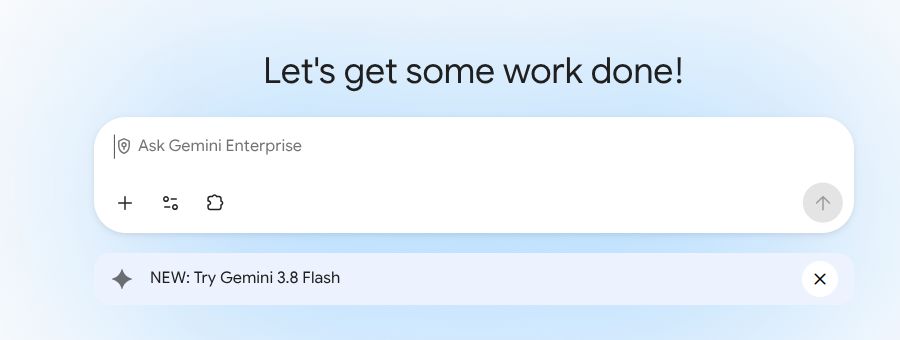 Gemini Enterprise web home with the message box and Sources plug icon
