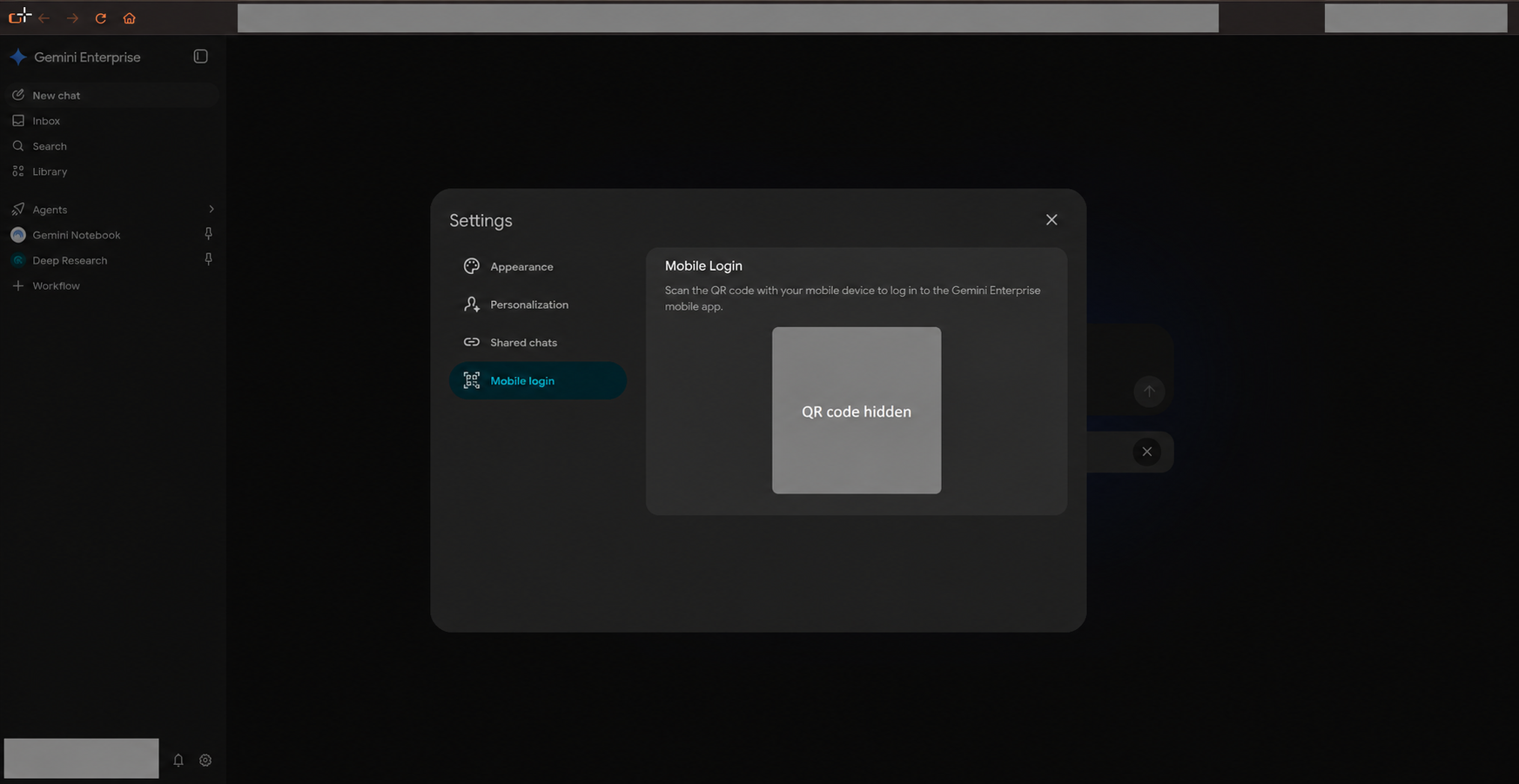 Gemini Enterprise Settings and Mobile login, with the personal QR code and account details hidden