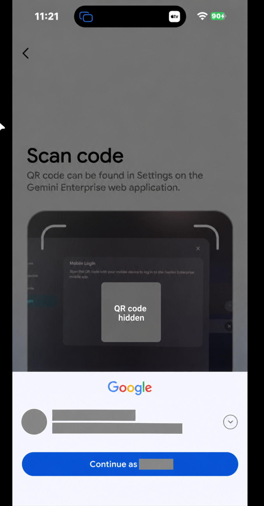 Mobile QR scanner and Google account confirmation, with the QR code and personal details hidden