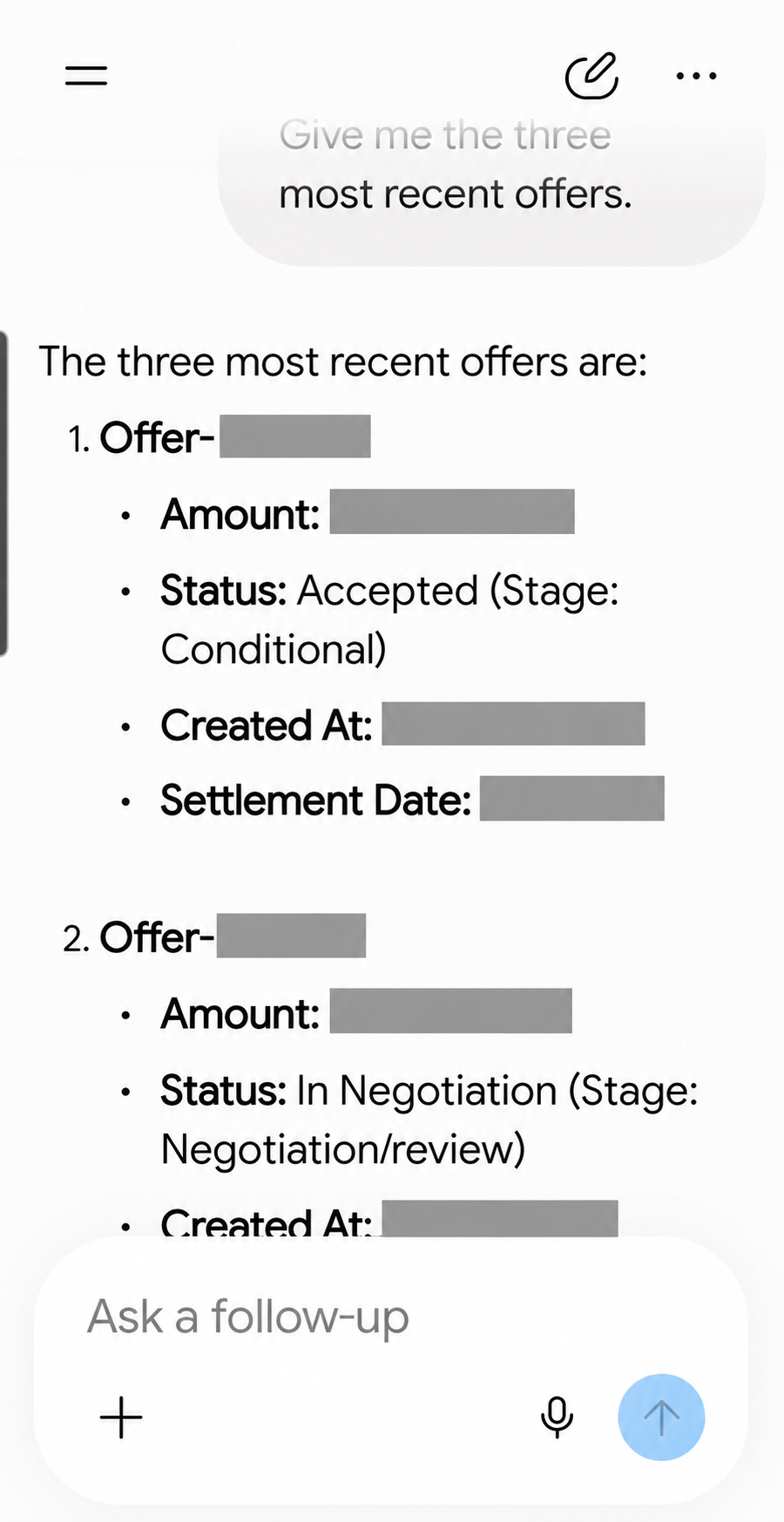 Mobile response to a request for the three most recent offers, with identifying details hidden