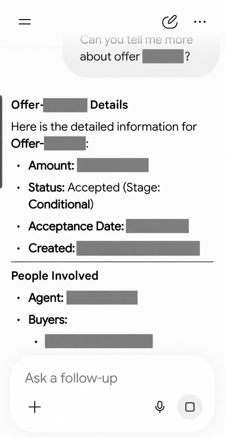 Mobile follow-up response for one offer, with names, record identifiers, amounts and dates hidden