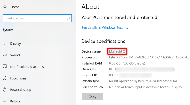 View the Windows 10 PC name.