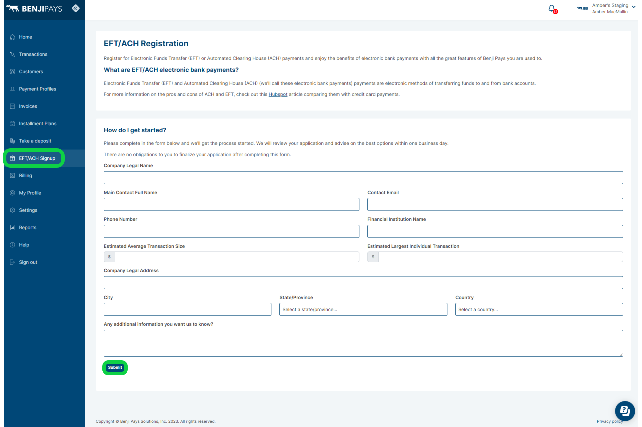 EFT/ACH Registration : Benji Pays Support
