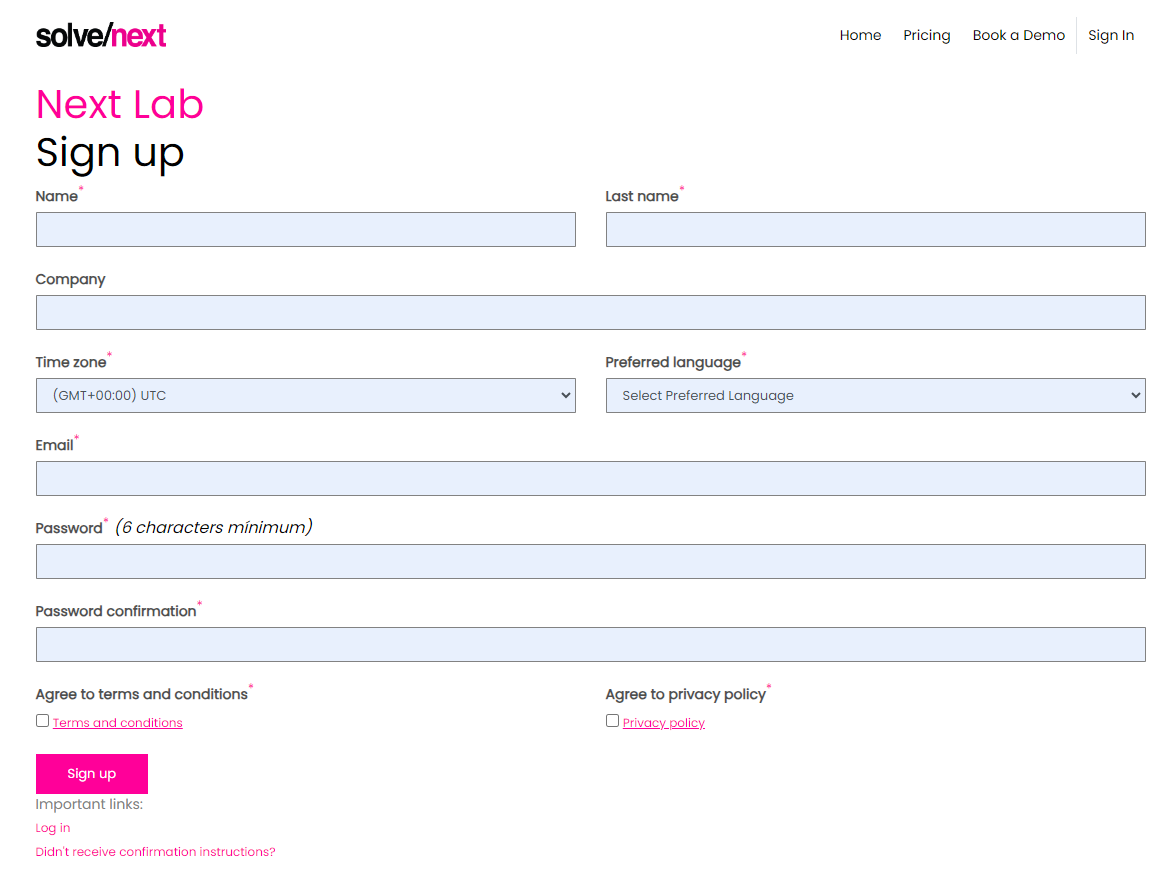 Next Lab Sign up form