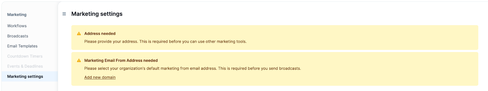 Marketing Settings Warning