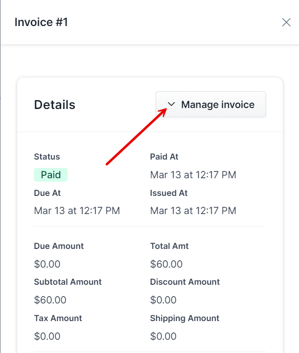 A screenshot highlighting the 'manage invoices' button in the popup window for invoice management.
