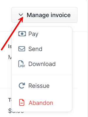 A screenshot showing the dropdown menu with different invoice management options.