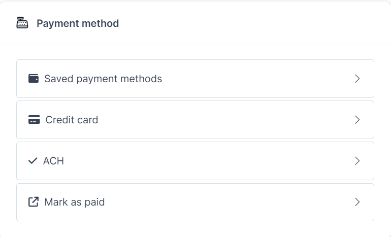 A screenshot listing the different payment methods.