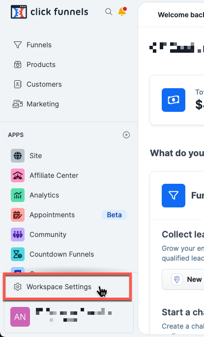 A screenshot of clicking on Workspace Settings from the navigation menu
