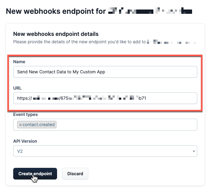 A screenshot of the webhook name and URL filled out