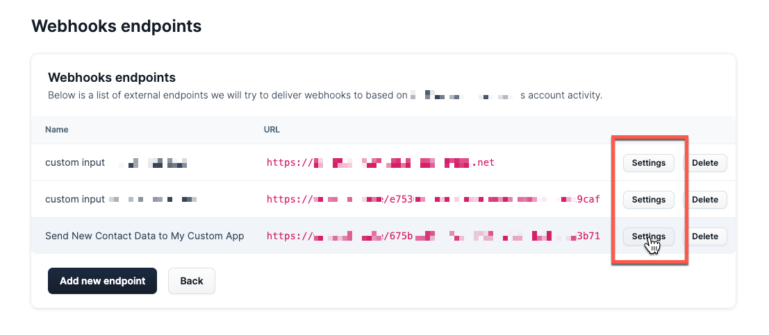 A screenshot of clicking the settings button next to a webhook