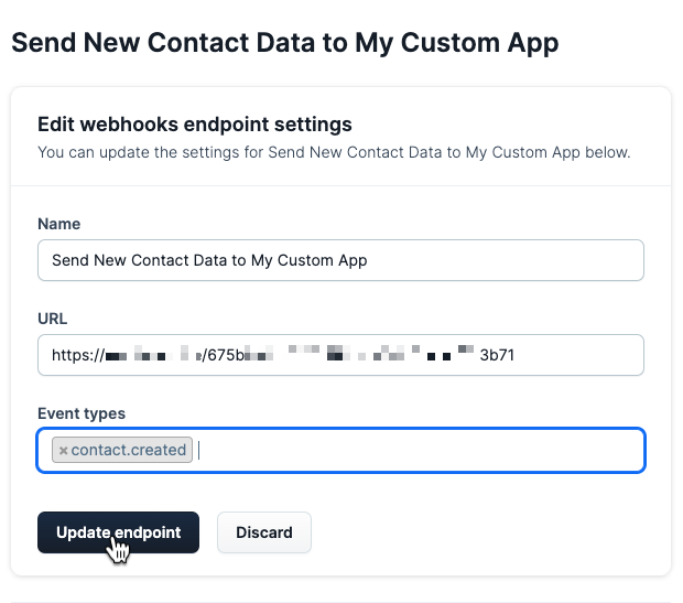 A screenshot of an existing webhook's settings