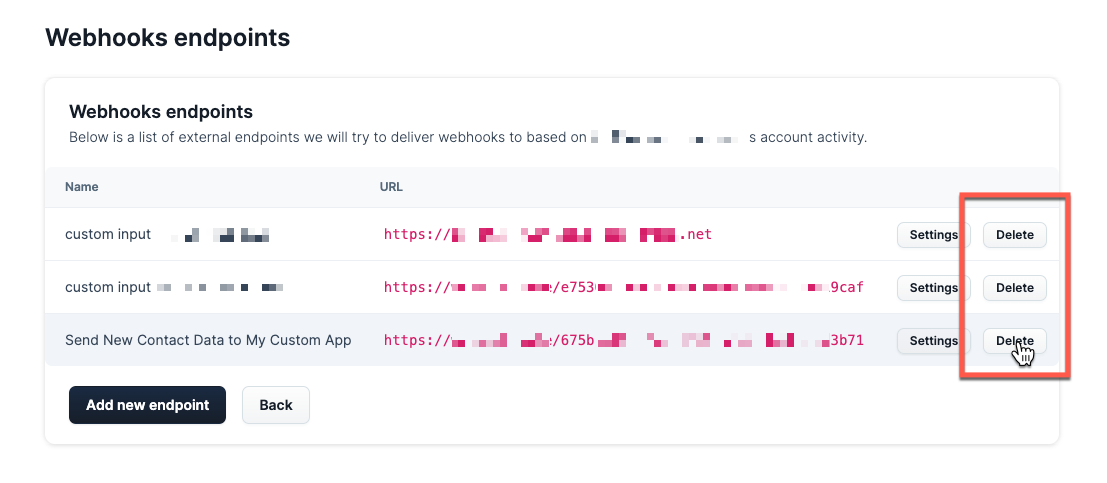 A screenshot of clicking the delete button next to a webhook