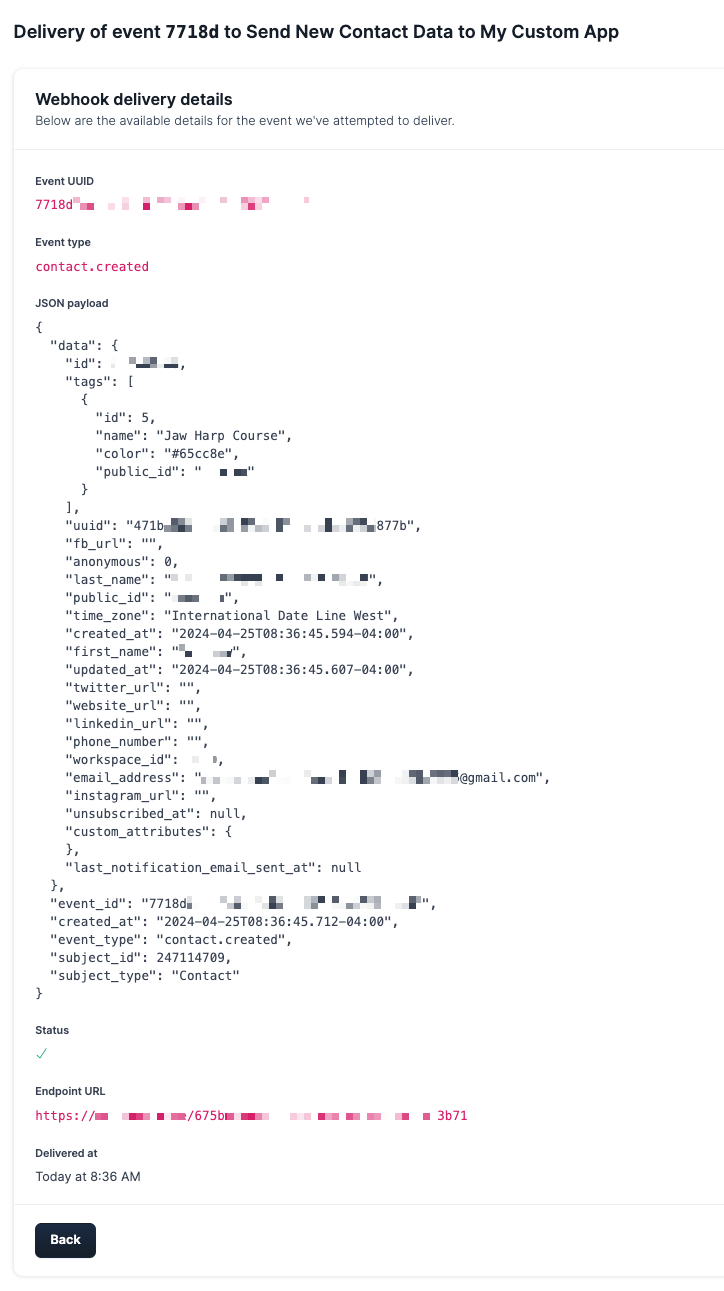 A screenshot of a delivery's details