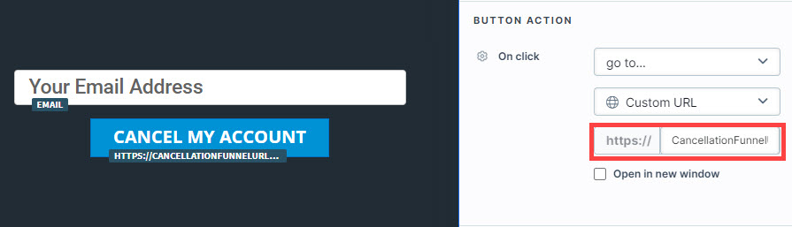 Highlights the button action section to add a URL to a button using the page editor.