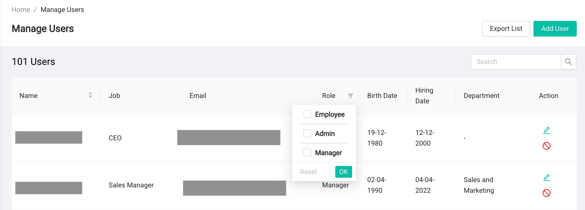User Roles screenshot
