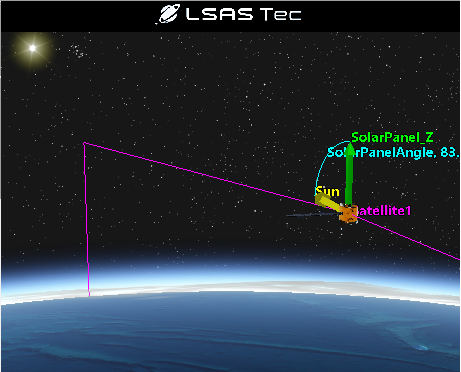 A satellite in space with a purple line
Description automatically generated