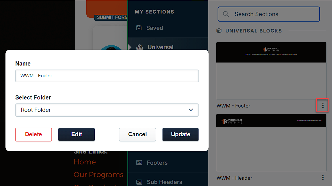 Manage universal section