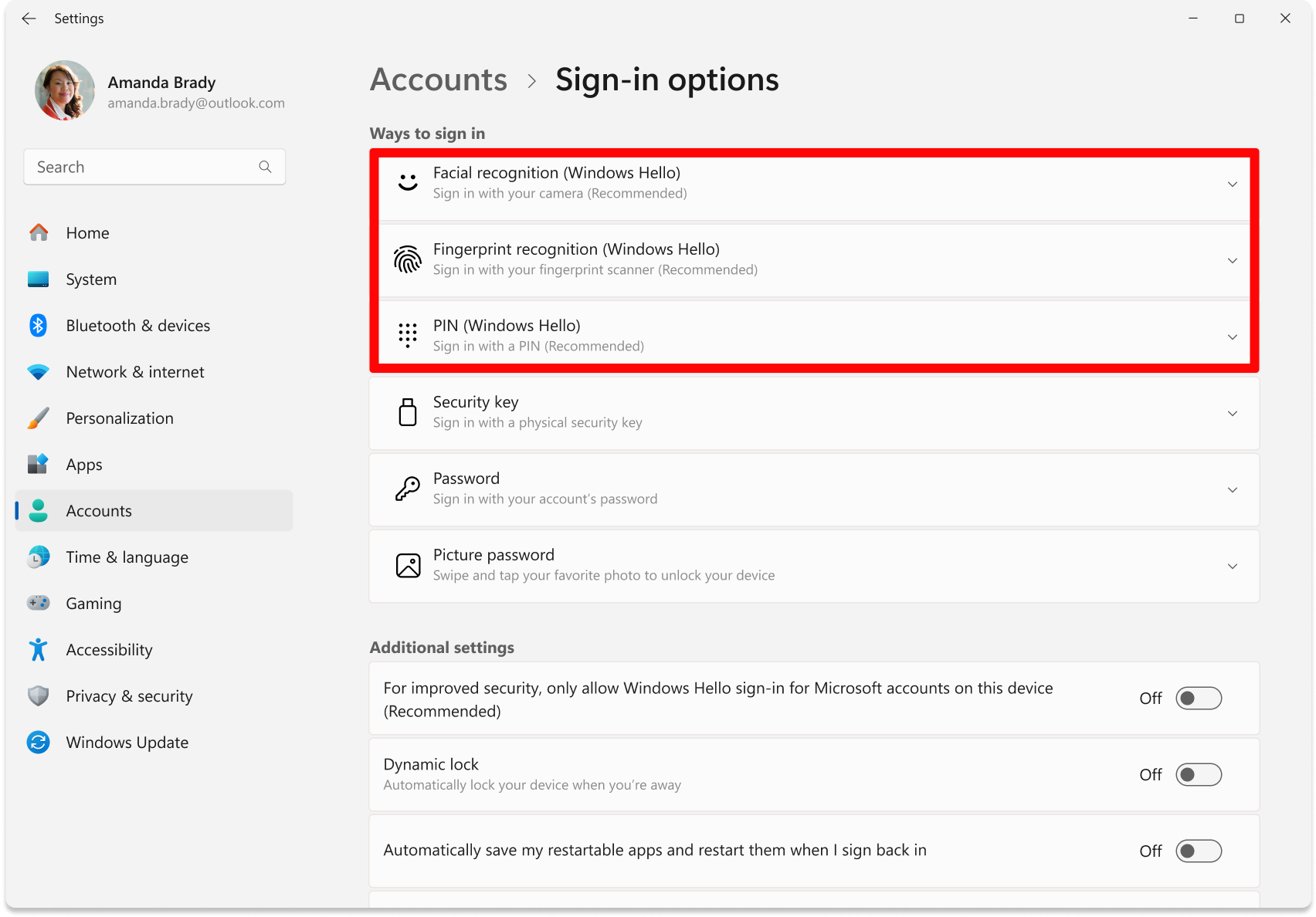 Screenshot of Settings - Options to configure Windows Hello.