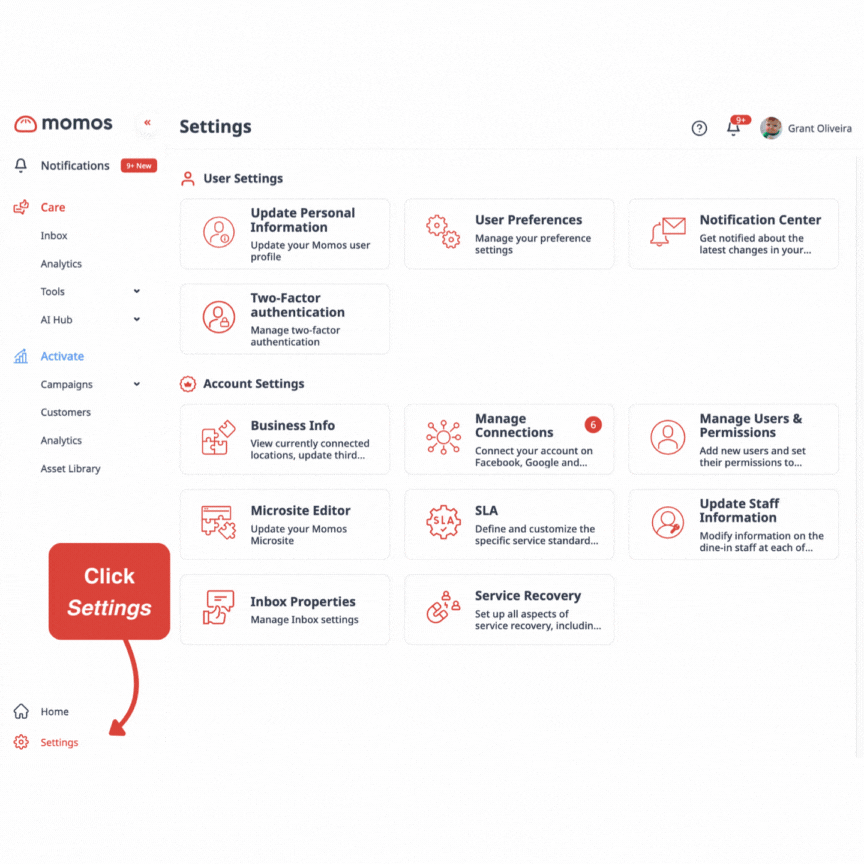 Connecting a platform: dashboard > settings > manage connections > add new