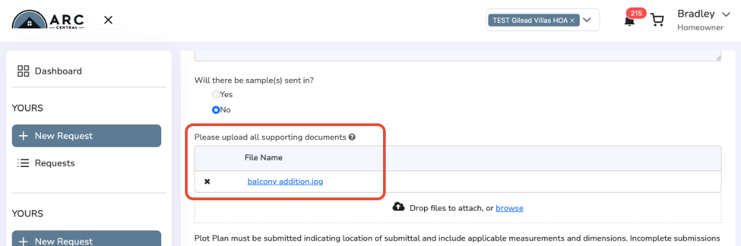 Supporting Documents Area with File Uploaded