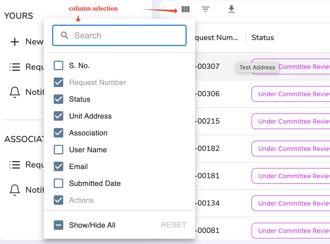Column Selection Checkboxes