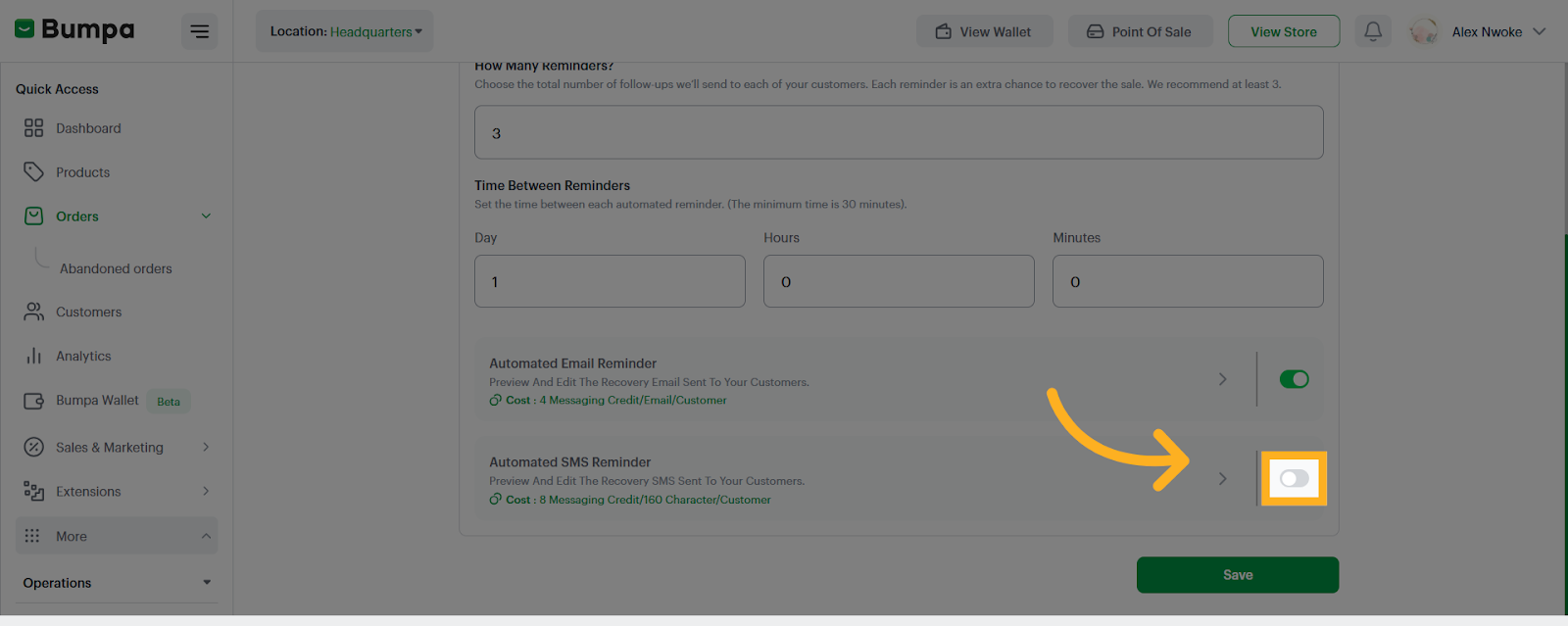 Toggle on the SMS Reminder Option