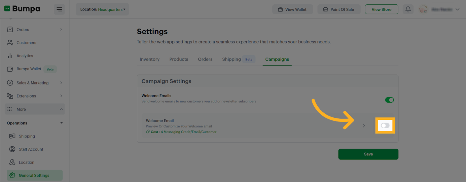 Toggle on the welcome email button