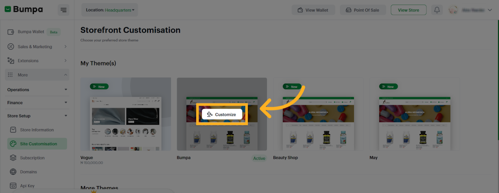 Hover on your active theme and Click 'Customize'