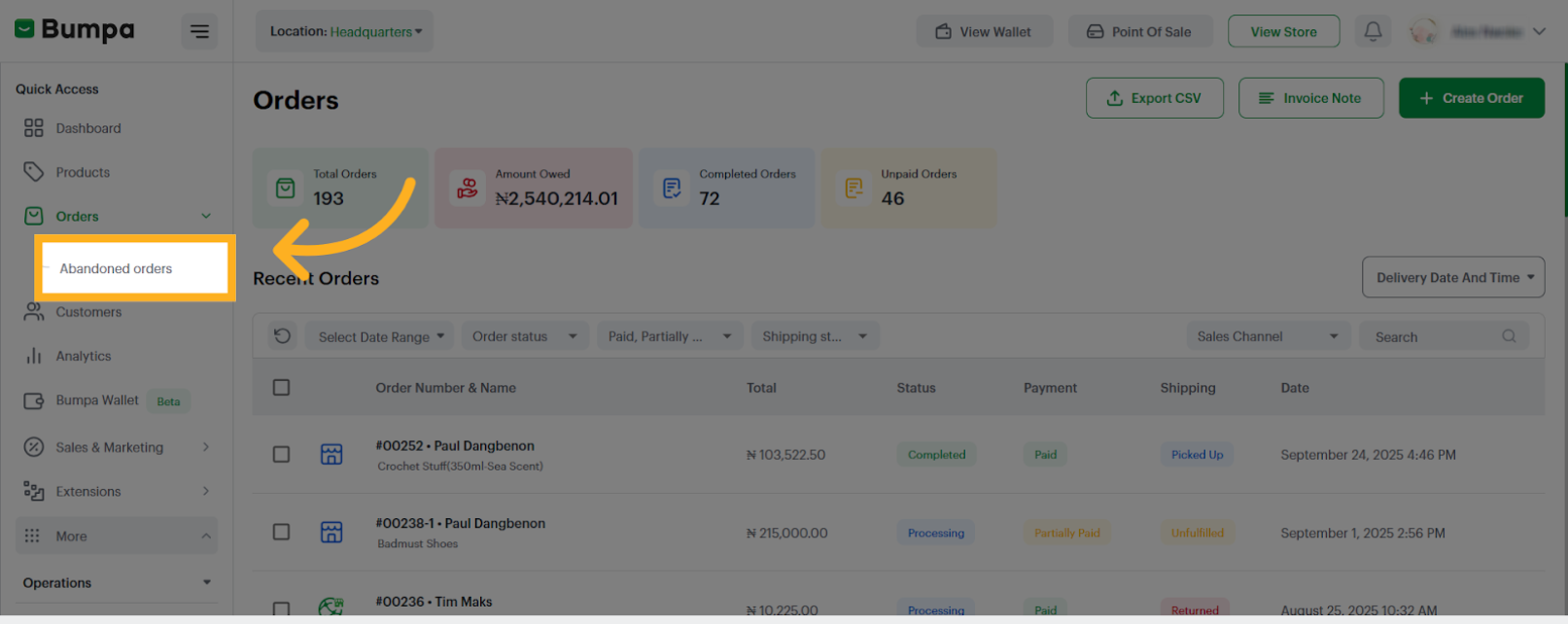 Click 'Abandoned orders'