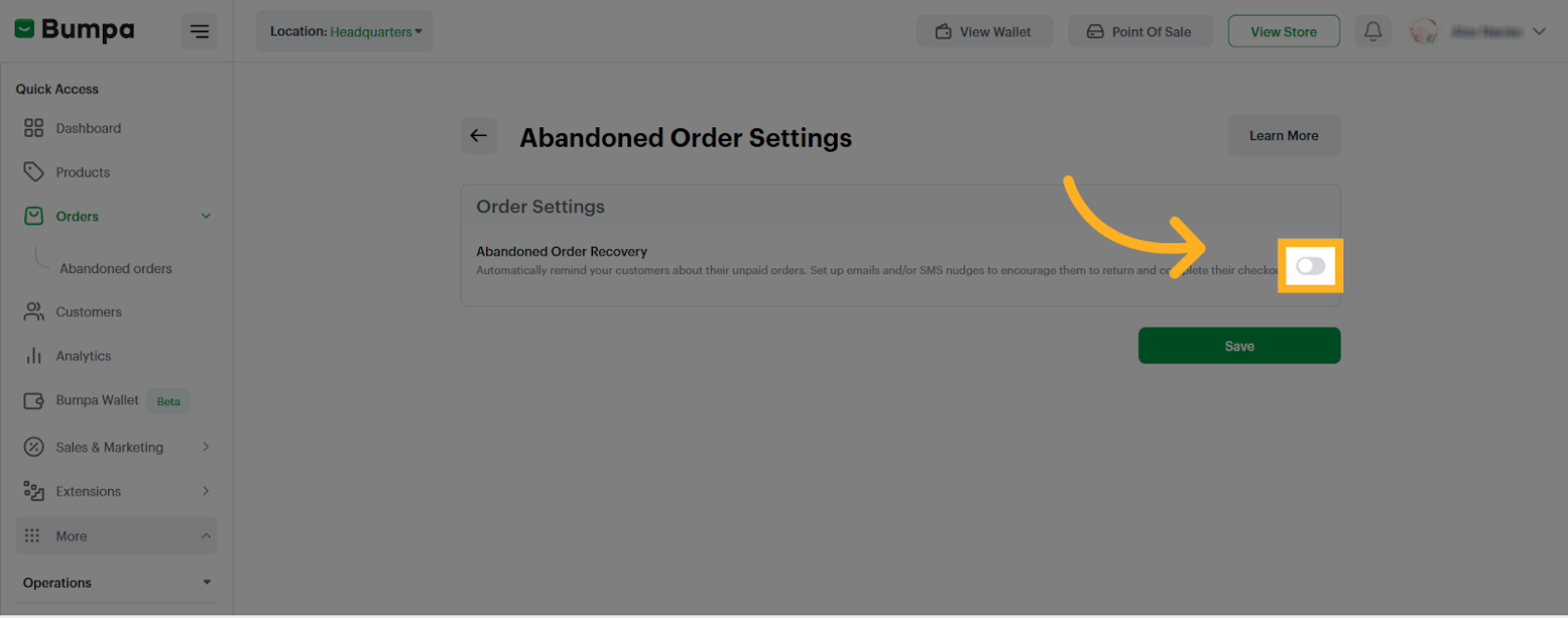 Toggle on the Order settings button
