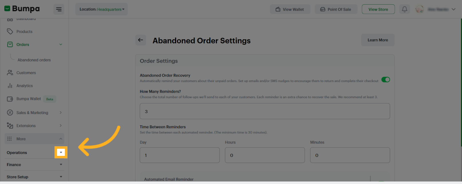 You can also access the Abandoned Order feature from the Operations dropdown
